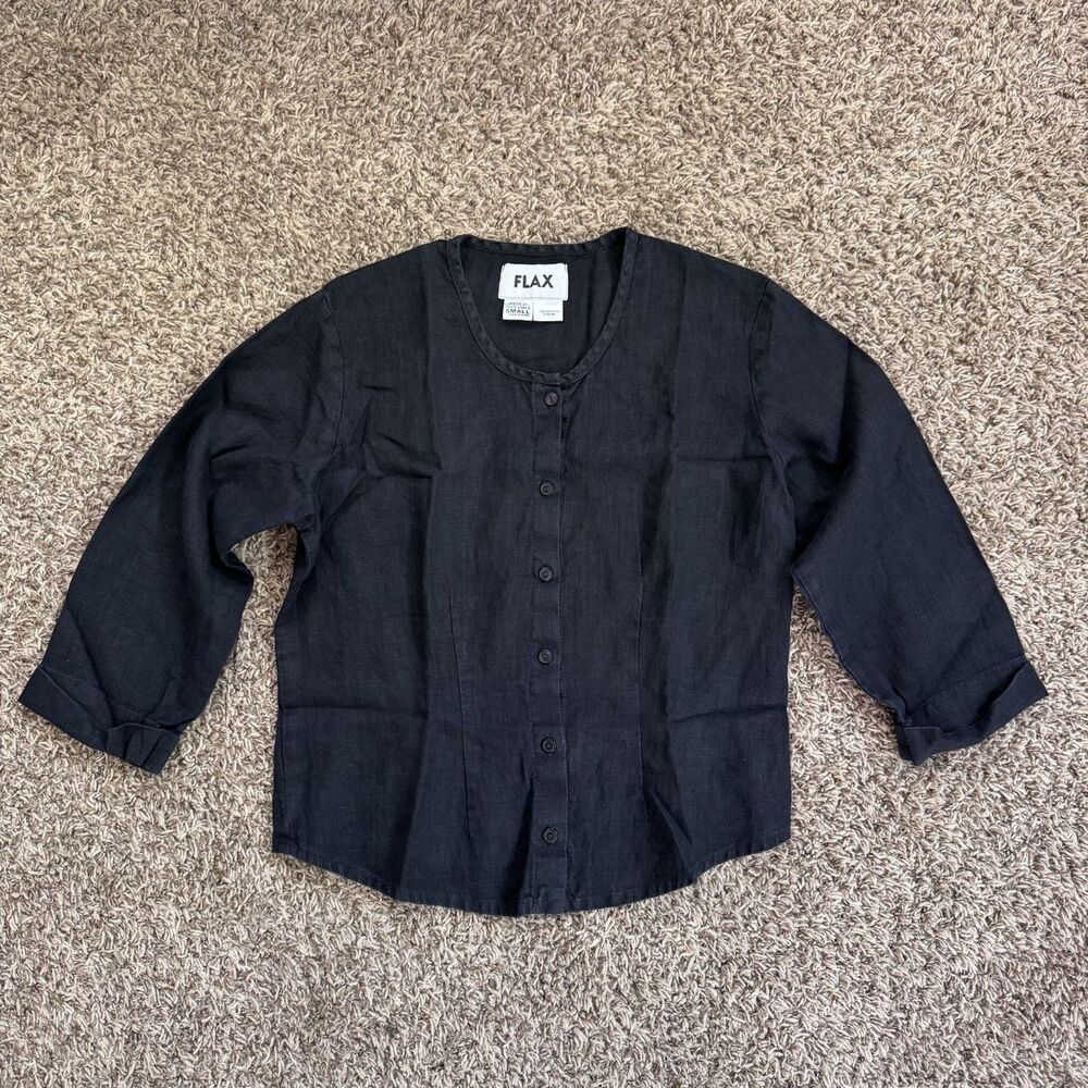 Flax Linen Shirt Womens Large Black Button Up Minimalist Lagenlook Relaxed
